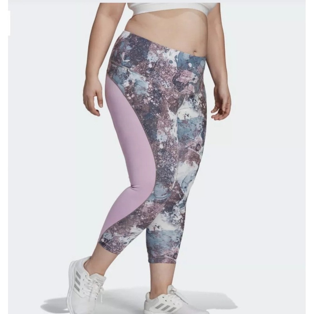Adidas Aeroready Womens 7/8 Leggings Purple Marble Print Mesh Pocket Plus Size